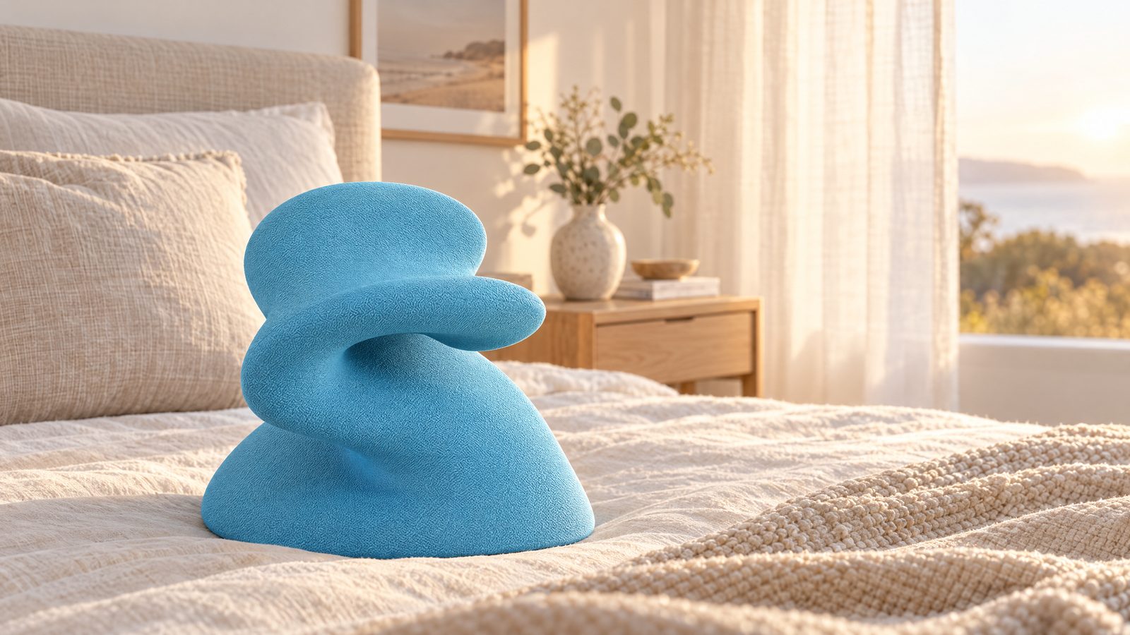 The AlignRest pillow on a linen bed in morning light